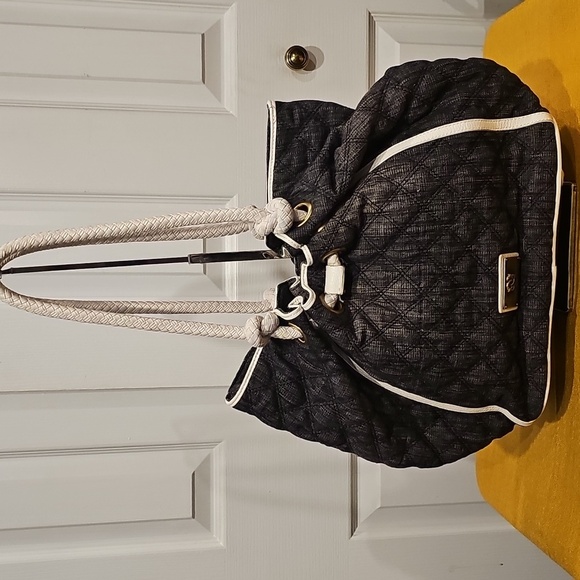 Sharif Quilted Black Denim Fabric & Braided Leather Straps Shoulder Bag NWOT - Picture 2 of 15
